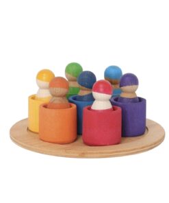 7 Rainbow Wooden Peg Dolls in Bowls