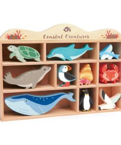 Wooden Coastal Animal Figures and Display Case