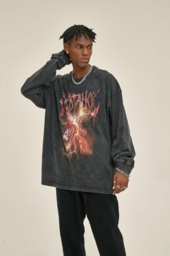 250G Washed Lightning Print Men Long Sleeve Sweatshirt