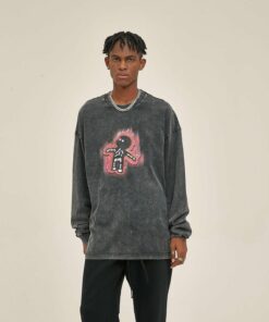 250G Washed Skull Print Men Long-Sleeved Sweatshirt